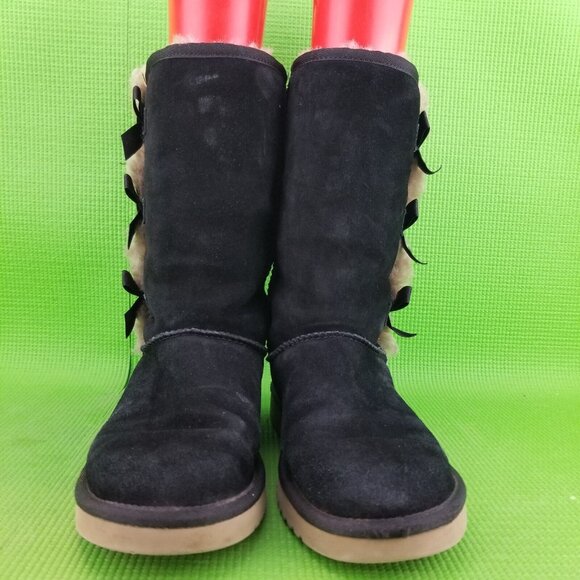 ✅TheKoolaburra by UGG VICTORIA Women's Tall Boot Size 8 BLACK Suede Faux Fur Bow - Picture 6 of 12